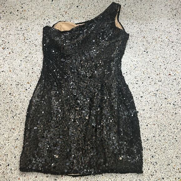 SCALA one shoulder black silk sequin mini cocktail dress side zip 6 - Picture 6 of 7